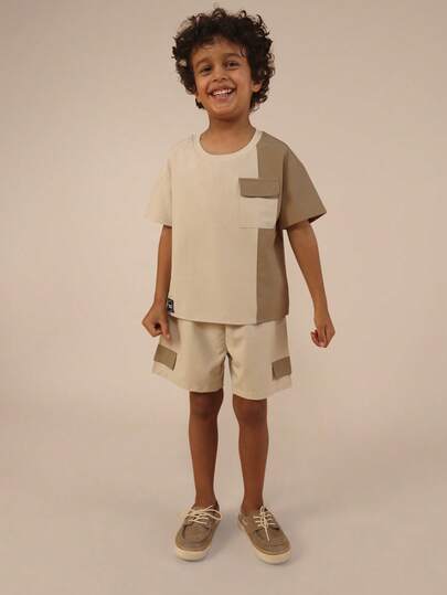 SUMWON Boys Short Sleeve Crew Neck Color Block Tee And Cargo Shorts Coordinated Summer Set With Chest Pocket Jersey Fabric Casual Outfit