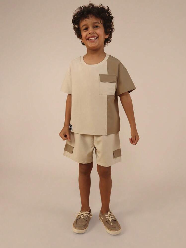 Crew Neck Tee And Shorts Set With Color Block