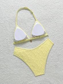 SHEIN 少女黄色提花纹理沙滩度假比基尼两件套 - 黃色 - 查看 3