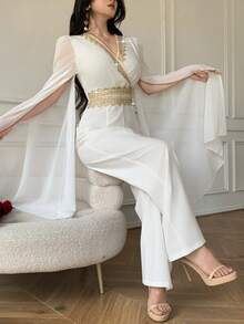 Celisse Women's Elegant Patchwork Ribbon Slit Sleeve Jumpsuit, Autumn