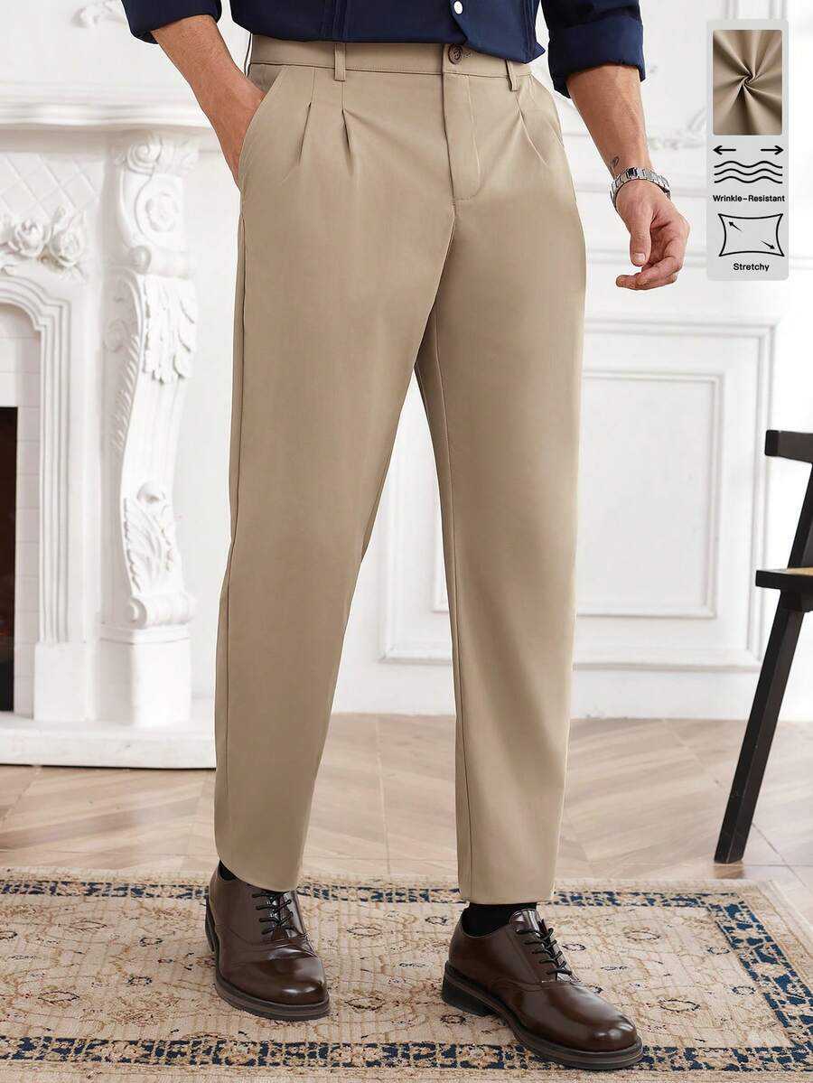 Core Aspect 男士轻便商务休闲裤，驼色面料，通勤时尚舒适百搭，男友/老公/周年纪念礼物，高腰修身直筒裤，修饰腿型。男士直筒裤，卡其色裤子，男士褶裥西装裤 - 駝色 - 查看 1