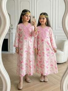 SHEIN Young Girl Embroidered Butterfly Print Casual Loose Long Sleeve Dress For Daily Wear Flower Girl For Wedding - Pink - View 8