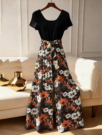 EMERY ROSE Women's Floral Print Round Neck Short Sleeve Jumpsuit