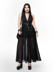 Whyspr Sexy Bodycon-Kleid in Große Größen mit V-Ausschnitt und rückenfreiem Design, eleganter Stil für Frühling/Sommer - Schwarz - Übersicht 5