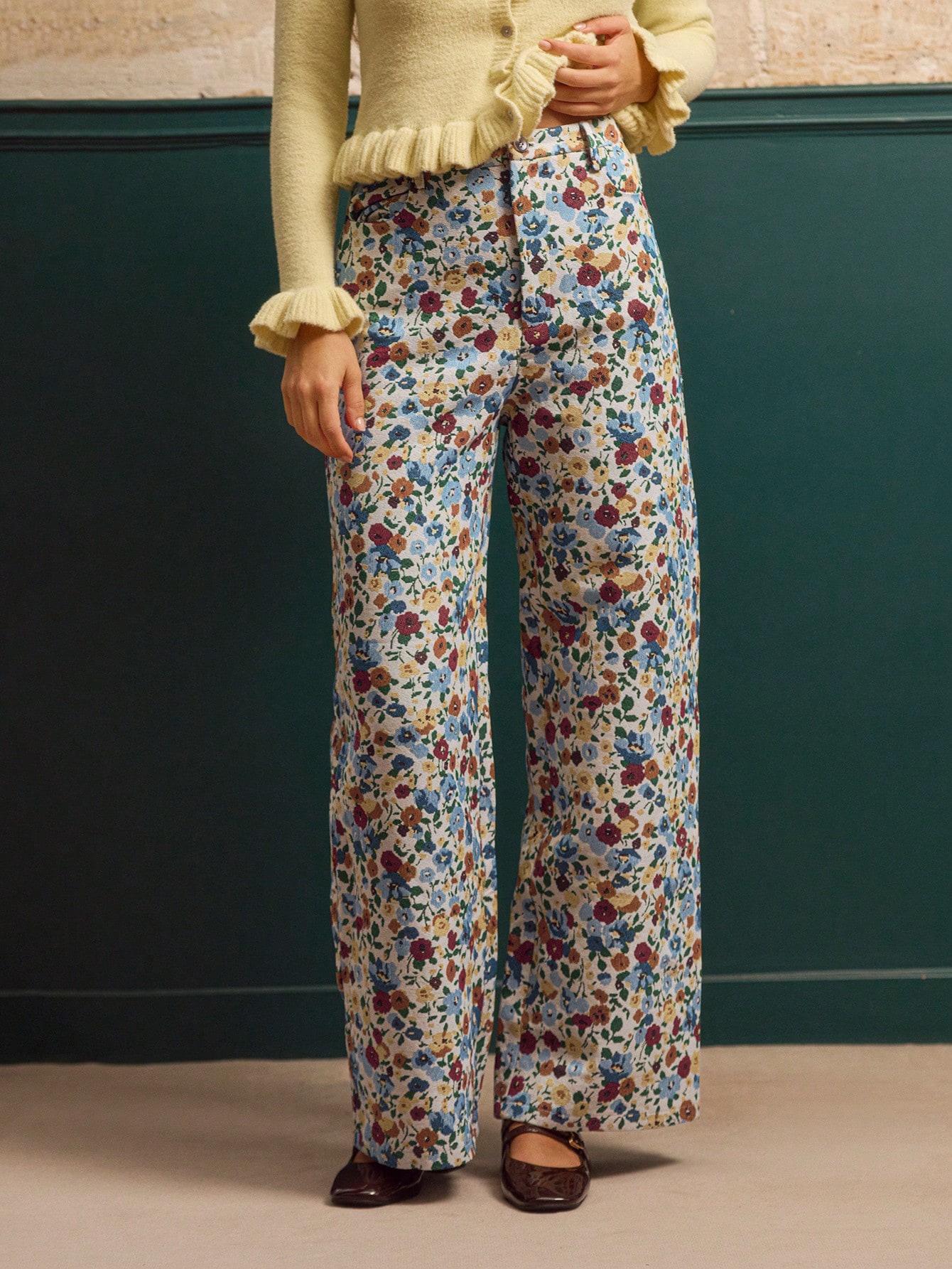 Vintage Style Floral Jacquard High Waisted Wide Leg Trousers Going Out Flower Pants Spring Summer French Style Parisian Style Office Outfit Vacation Outfit