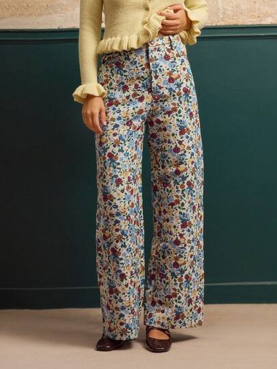 lacRébo Vintage Style Floral Jacquard High Waisted Wide Leg Trousers Autumn Winter