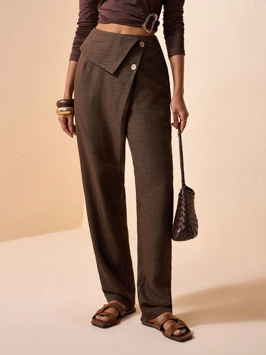 Zivah 2026春夏新品，适合音乐节、复活节、圣帕特里克节、情人节、约会、西部风、游牧风、生日派对、通勤、早午餐、机场、聚会、假日等场合穿着的宽松亚麻棕色褶裥裤，带口袋和纽扣装饰 - 棕色 - 查看 1