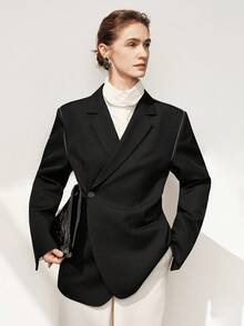 SHEIN Stylify Women's Tweed Composite Fabric Blazer With Lining, Notched Collar, Side Pockets, Padded Shoulders, Contrast Stitching, Long Sleeves With Slit Cuffs, Oversized Relaxed Fit, Black, Sophisticated Elegant French Vintage Style, Suitable For Commute, Business, Vacation, Casual, Party, Christmas, Thanksgiving, Afternoon Tea, New Year, Autumn/Winter