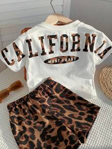 SHEIN 2pcs/Set Unisex Baby Leopard Print Black Short Sleeve T-Shirt Knit Top And Leopard Print Shorts Set, Spring/Summer Baby Boy Clothes, Outfits, Baby Boy Short Sleeve Top - Black - View 4