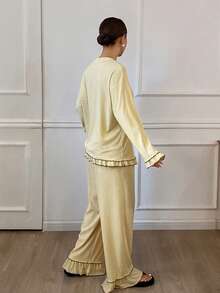 DAZY 2pcs Cat Pattern Loose Long Sleeve Frill Trim Pajama Set For Women - Yellow - View 2