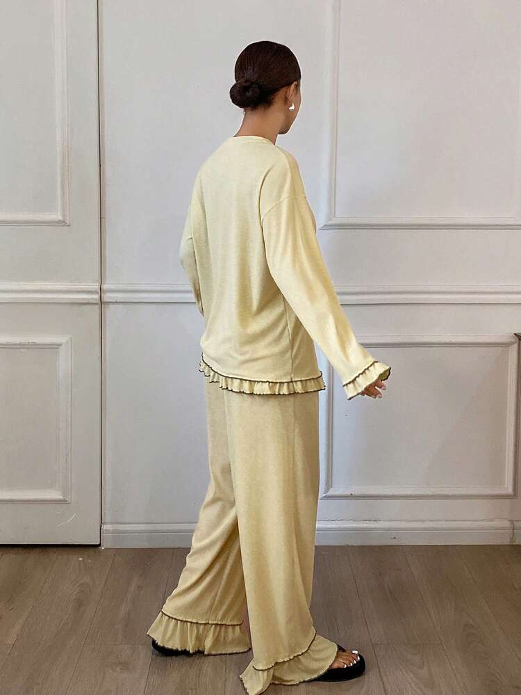 2pcs Cat Pattern Loose Long Sleeve Frill Trim Pajama Set For Women