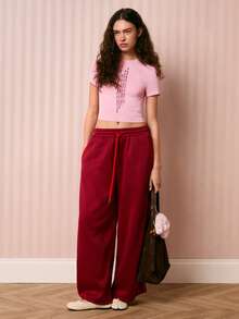 Easelle Pink Printed Casual Slim Fit T-Shirt For Women, Pink Printed Letter Top, Casual Valentine's Day Versatile 2026 - Pink - View 4