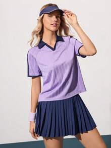 CourtClass Áo tennis nữ tay ngắn raglan cổ phối màu tương phản - Màu tím - Xem 3