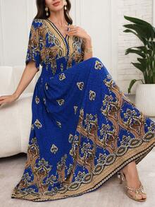 Lacomfia Đầm dự tiệc dài thanh lịch dành cho nữ, cổ chữ V, in hoa, thắt eo. - Màu xanh lam - Xem 1