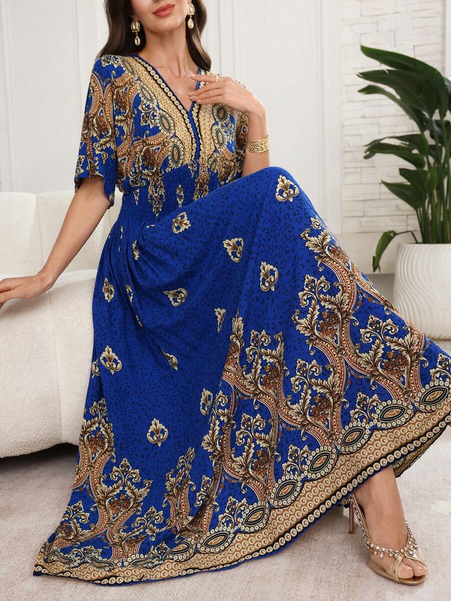 Lacomfia Đầm dự tiệc dài thanh lịch dành cho nữ, cổ chữ V, in hoa, thắt eo. - Màu xanh lam - Xem 1