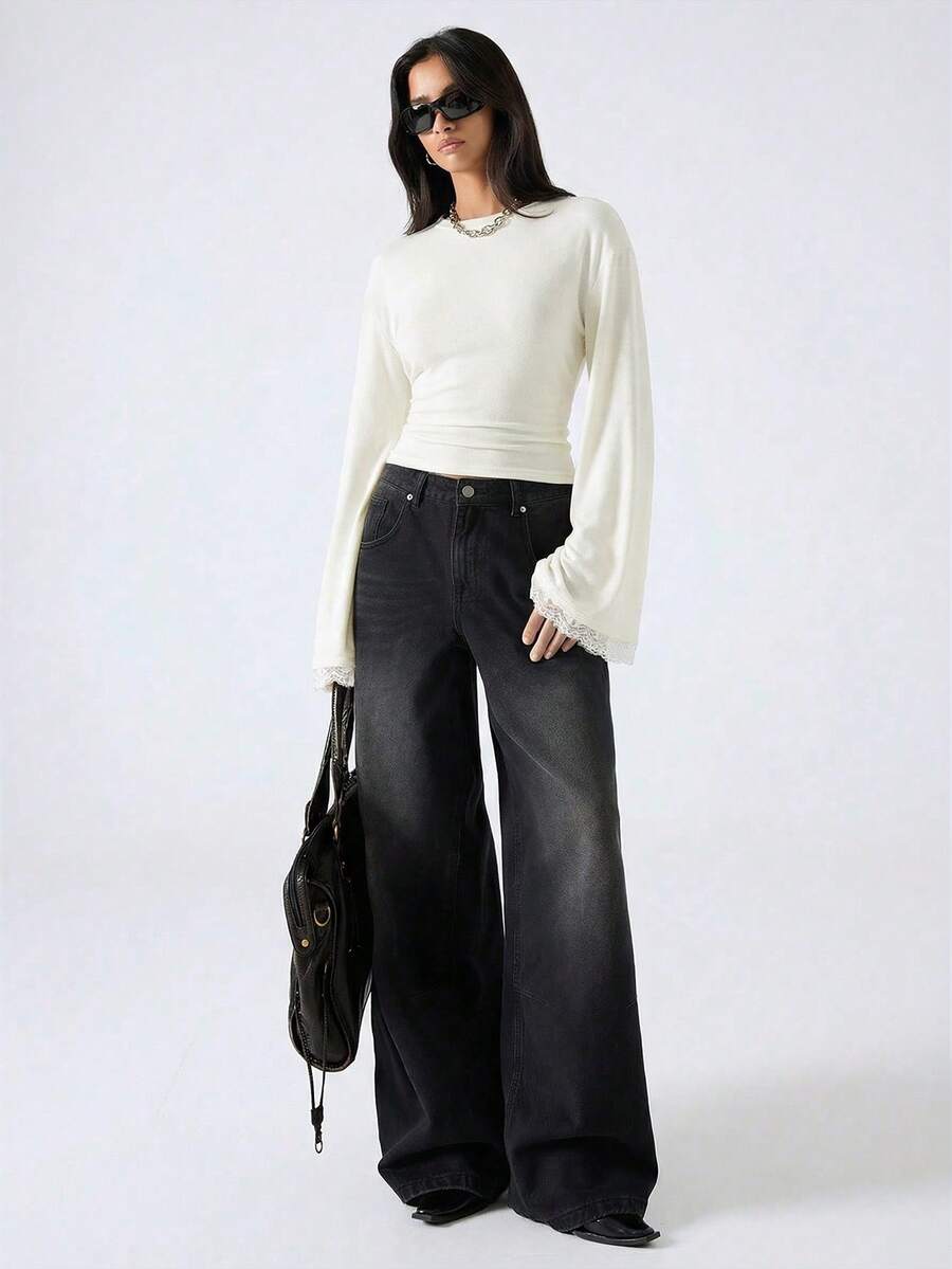 LYSMO 新款极简春夏女装，圆领落肩长袖撞色蕾丝时尚T恤，米色喇叭袖上衣，灰色长袖上衣 - 米色 - 查看 1