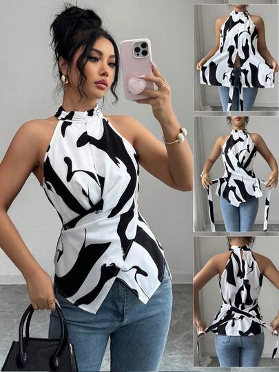 Elenzga Women's Elegant Faux Ink Painting Print Wrap-Style Cinched Waist Blouse, Showcasing Refined Elegance. Suitable For Various Occasions, From Formal Work Attire And Commuting, To Sexy Looks, Romantic French Style, Casual Outings, Vacations, Middle Eastern Vintage-Themed Events, Cozy Afternoon Tea Gatherings, Glamorous Parties, As Well As New Year, Thanksgiving, Christmas, Valentine's Day And Other Holiday Celebrations.