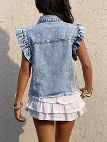 Sunnyshic Women's Single-Breasted Frayed Hem Ruffle Cuff Denim Jacket - Light Wash - View 3