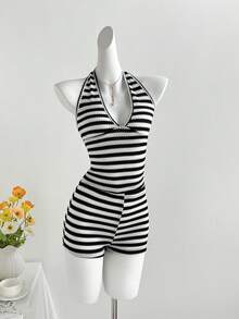 Elamini Women's Black & White Striped Halter Neck Tie Camisole And Super Shorts 2-Piece Set, Casual Vacation Style - Black and White - View 3