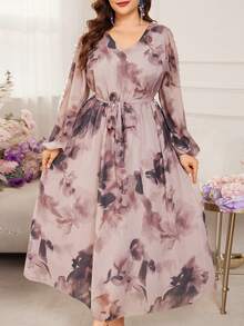 Modelyn Vestido maxi de manga larga elegante, intelectual y hermoso para mujeres de talla grande, con estampado de teñido anudado y patrón floral romántico de vacaciones en gasa de estilo elegante - Multicolor - Ver 7