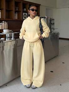 Muchica 女士秋冬保暖连帽衫和宽松运动裤套装，奶油黄两件套，女士舒适两件套家居服，两件套休闲套装 - 鵝黃色 - 查看 3