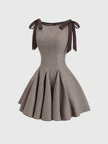 Sweetra Đầm ballet nhẹ, kiểu Pháp cổ điển, cổ áo kẻ caro, thắt nơ eo, dáng suông, màu nâu, dành cho nữ, thích hợp mặc ngoài trời/hẹn hò mùa xuân/hè. - Màu Khaki - Xem 3