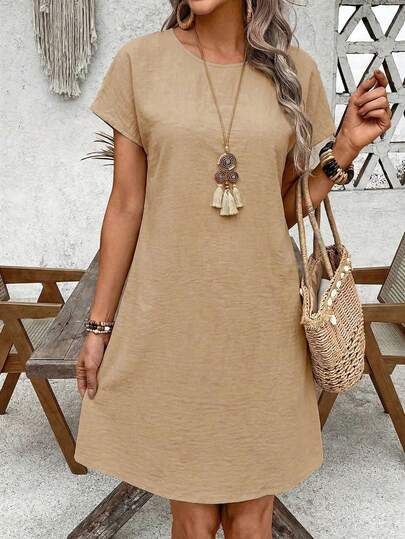 EMERY ROSE Women's Round Neck Drop Shoulder Short Dress, Suitable For Spring/Summer,Casual