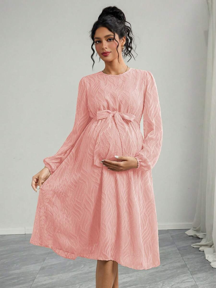 Momance Vestido de maternidad elegante para el Día de San Valentín/Primavera, vestido de fiesta de boda de maternidad con textura de jacquard rosa - Rosa - Ver 1