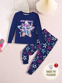 2pcs Girls Cartoon Girl Print Crew Neck Top And Colorful Star Print Leggings Set, Knit Stretchy Fabric, Casual Homewear - Navy Blue - View 3
