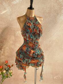 Soleia Women's Vacation Casual Paisley Print Ruffle Trim Backless Halter Mini Dress - Multicolor - View 6