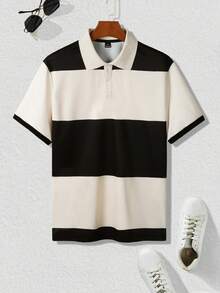 Manfinity CasualCool Áo polo nam kẻ sọc cổ bẻ, thích hợp mặc ở nhà và ngoài trời. - Màu be - Xem 3