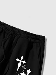 ROMWE MEN Grunge Punk Men's Cross Print Drawstring Waist Casual Sweatpants - Black - View 4