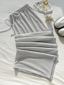 Comfortcana 加大码黑白条纹休闲抽绳裤，秋冬款 - 白色 - 查看 3