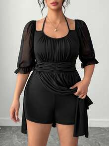 SHEIN Elenzya 大码女装春夏新款修身优雅复古褶皱腰身时尚方领褶裥喇叭连体裤，适合约会、音乐节、度假、日常穿着，朋克风 - 黑色 - 查看 5