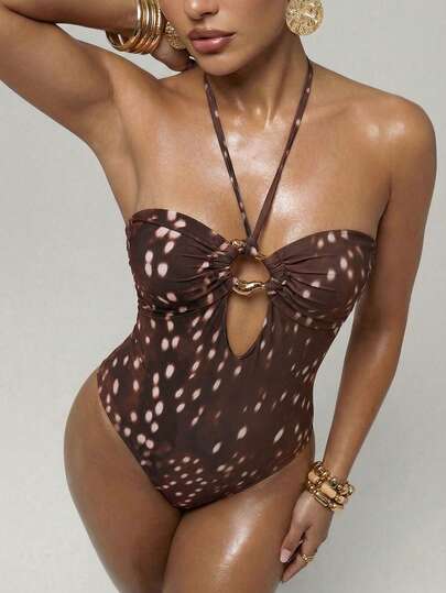 SHEIN BAE Women's Sexy Elegant Romantic Printed Spaghetti Strap Backless Hollow Out High Slit One-Piece Swimsuit, Vacation Outfit,Summer,Spring Break Outfits ,Valentine's Day,Beach ,Beach Outfits For Women ,Beach Outfit ,Birthday,Going Out,Deer Pattern,Brown One-Piece Beachwear,2026 Summer New Beachwear, Beach Party