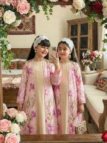 Tween Girl Classic Elegant Middle Eastern Print Long Jacket,Beige Modest Loose Dress,Autumn Country Style For Concert,Commute,Photo Shoots,Gatherings - Multicolor - View 6