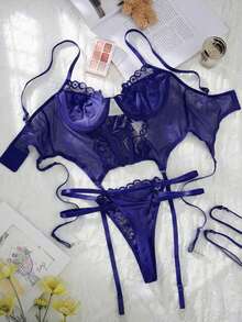 SHEIN 2pcs/Set Women's Sexy Solid Color Lace Sheer Corset - Purple - View 9