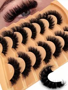 7对5D蓬松假睫毛，手工制作，可重复使用，自然短款柔软貂毛睫毛，打造浓密3D立体妆效，适合眼部彩妆、派对、日常佩戴 - 黑色 - 查看 3