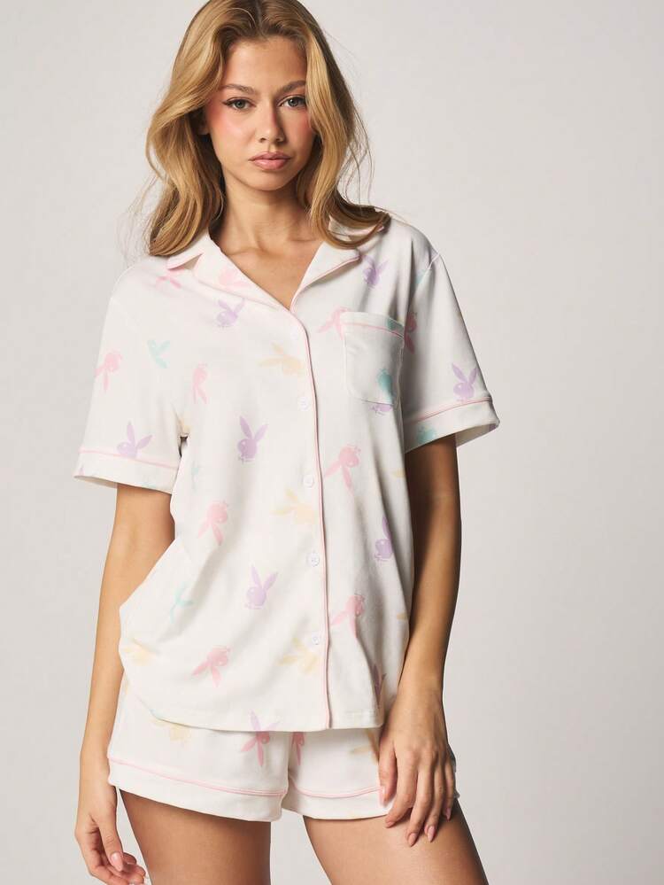 Missguided x Playboy Pastel Print Short Sleeve Button Front Pajama Set With Matching Shorts And Chest Pocket