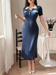 DAZY Women's Elegant Contrast Color Collar Faux Pocket Sweater Dress, Spring/Summer,Wedding Guest Dress Women - Navy Blue - View 5