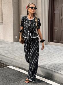 SHEIN PariChic 2件套 女士优雅圆领短袖荷叶边系带波点上衣 - 黑與白 - 查看 6