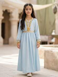 SHEIN Gaun Anak Perempuan Lengan Panjang Gaya Timur Tengah, Biru Muda, Musim Gugur, Elegan, Modis, Bergaya, Nyaman, Santai, untuk Pesta di Luar Ruangan - Baby Blue - View 6