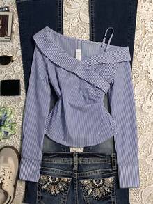 Rina Fox Women's Blue & White Striped Asymmetrical Shoulder Long Sleeve Pleated Waist Shirt - Multicolor - View 1