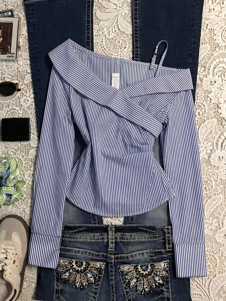 Rina Fox Women's Blue & White Striped Asymmetrical Shoulder Long Sleeve Pleated Waist Shirt - Multicolor - View 1