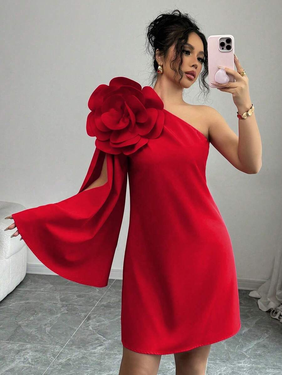 Elenzga Elegante vestido rojo con diseño floral 3D para fiestas navideñas, citas y cenas de mujeres - Rojo - Ver 1