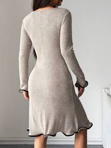 Modelyn Vestido ajustado de manga larga de punto acanalado con volantes en el bajo, para otoño/invierno - Caqui - Ver 2