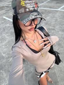 INAWLY 女士纯色橄榄绿圆领长袖修身性感T恤 - 軍綠色 - 查看 4