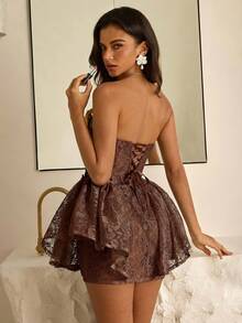 Vowa Elegant, Graceful, Noble, Palace-Style White Lace Fabric Strapless, Boned, Waist-Cinched, A-Line Dress, Suitable For Bachelorette Party, Wedding, Graduation, Vacation, Bridal Shower - Brown - View 2