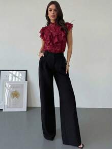 Firerie Áo kiểu nữ thanh lịch, tối giản, tinh tế, lãng mạn, thích hợp mặc đi làm hàng ngày, dự tiệc Valentine, đi nghỉ mát, nhiều lớp bèo nhún, cài nút, chất liệu vải có họa tiết, không tay, dáng rộng, mỏng nhẹ, màu mơ. - Màu Đỏ Sâu - Xem 7