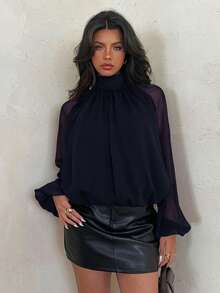 Aloruh Áo sơ mi nữ thanh lịch, màu trơn, cổ tàu, tay phồng, thích hợp cho công sở. - Màu xanh hải quân - Xem 7